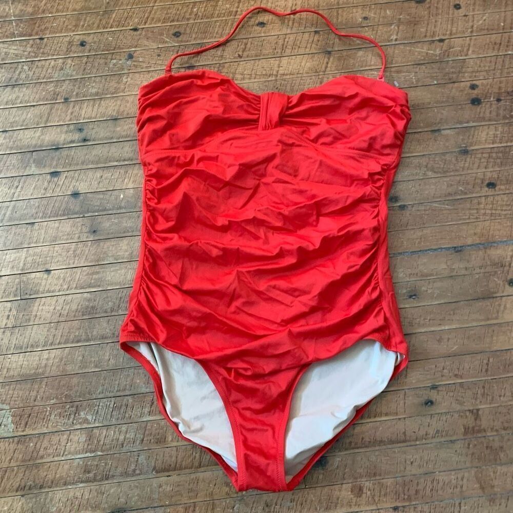 J Crew cherry red ruched halter 14 one piece swimsuit